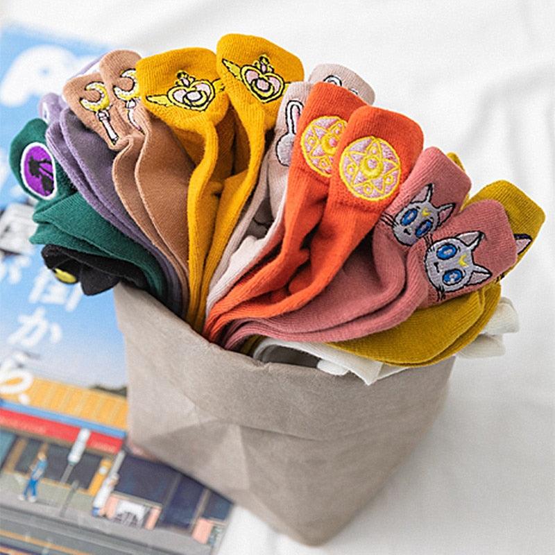 Cartoon Anime Embroidered Boat Socks Ins Trend Moon Cute Sweet Cat Socks Slippers Happy Funny Cotton Girl Socks Cute Short Boat Socks For Men And Women