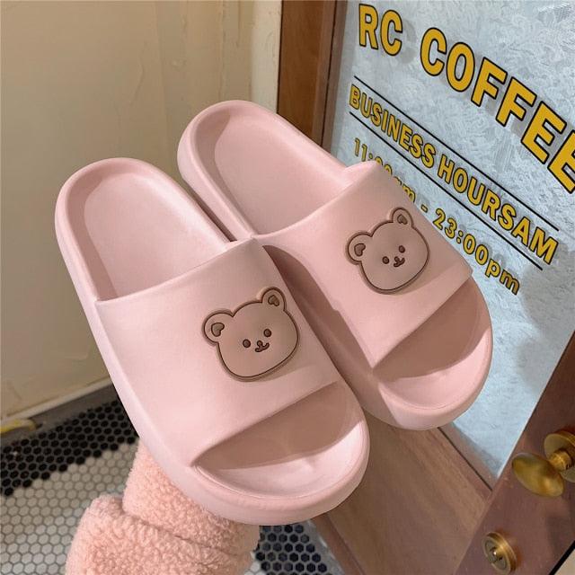 Cartoon Couple Fashion Bear Sandals Non-Slip Thick-Soled Indoor And Outdoor Slippers Men's Flip Flops Athletic Slide Sandals Flat Slip On Sandals For Women Summer Slippers