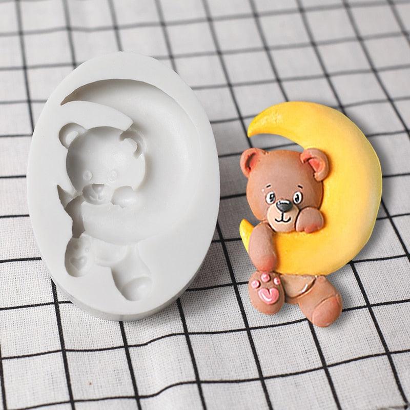 Cartoon Cute Moon 3D Bear Silicone Mold Baby Birthday Party Cupcake Decoration Tool Dessert Pastry Fudge Chocolate Candy Baking Silicone Fondant Molds For Teddy Bear