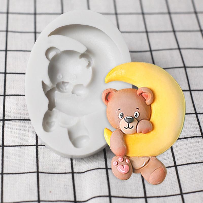 Cartoon Cute Moon 3D Bear Silicone Mold Baby Birthday Party Cupcake Decoration Tool Dessert Pastry Fudge Chocolate Candy Baking Silicone Fondant Molds For Teddy Bear