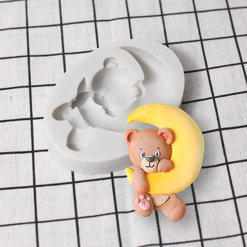 Cartoon Cute Moon 3D Bear Silicone Mold Baby Birthday Party Cupcake Decoration Tool Dessert Pastry Fudge Chocolate Candy Baking Silicone Fondant Molds For Teddy Bear