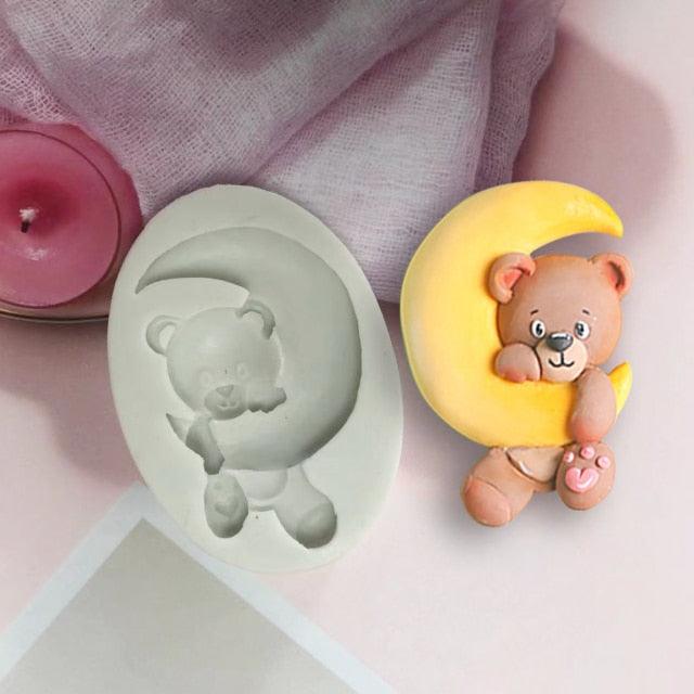 Cartoon Cute Moon 3D Bear Silicone Mold Baby Birthday Party Cupcake Decoration Tool Dessert Pastry Fudge Chocolate Candy Baking Silicone Fondant Molds For Teddy Bear