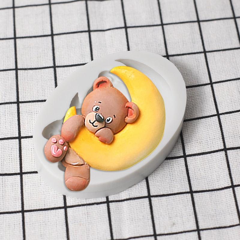 Cartoon Cute Moon 3D Bear Silicone Mold Baby Birthday Party Cupcake Decoration Tool Dessert Pastry Fudge Chocolate Candy Baking Silicone Fondant Molds For Teddy Bear