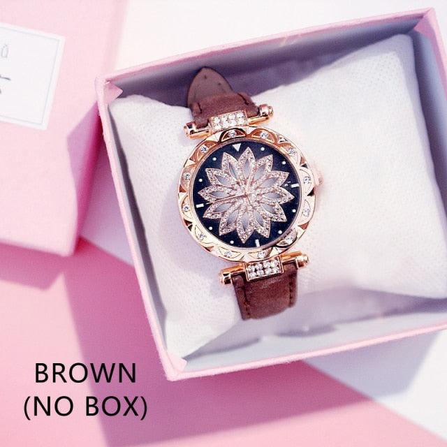 Casual Women Romantic Starry Sky Wrist Watch Bracelet Leather Rhinestone Designer Simple Dress Women's Watches Women Starry Sky PU Leather Strap Quartz Wristwatches For Woman Girls Teenagers