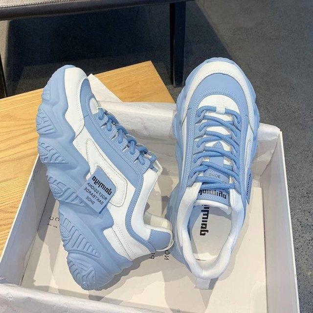 Casual Womens Blue Sneakers High Heels Platform Sports Shoes Autumn Thick Bottom Walking Breathable Vulcanized Shoes Luxury Tennis Sneakers Trainers Lace Up Fashion Design