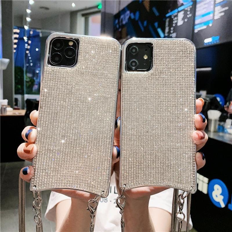 Chain Fashion Bling Full Diamond Case for iPhone 14 Plus 13 12 11 Pro Max XR Xs 7 8 Plus XS Soft Rhinestone Cover Bag Bling Rhinestone Bead Chain Bracelet Diamond Crystal Glitter Clear Fashion Protective Shockproof Cover for Girls