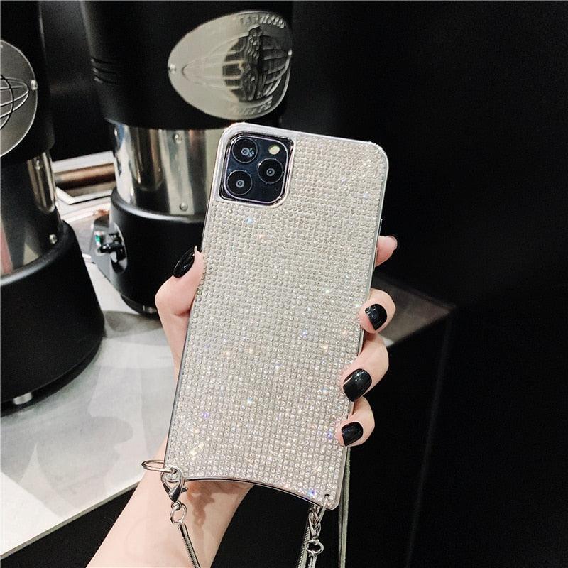 Chain Fashion Bling Full Diamond Case for iPhone 14 Plus 13 12 11 Pro Max XR Xs 7 8 Plus XS Soft Rhinestone Cover Bag Bling Rhinestone Bead Chain Bracelet Diamond Crystal Glitter Clear Fashion Protective Shockproof Cover for Girls