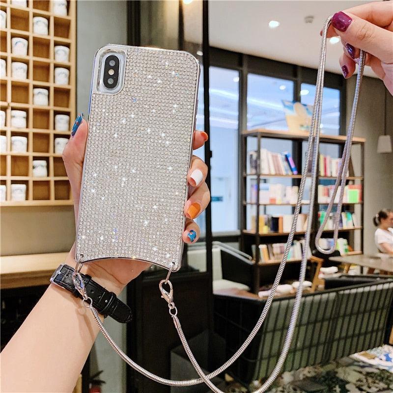 Chain Fashion Bling Full Diamond Case for iPhone 14 Plus 13 12 11 Pro Max XR Xs 7 8 Plus XS Soft Rhinestone Cover Bag Bling Rhinestone Bead Chain Bracelet Diamond Crystal Glitter Clear Fashion Protective Shockproof Cover for Girls