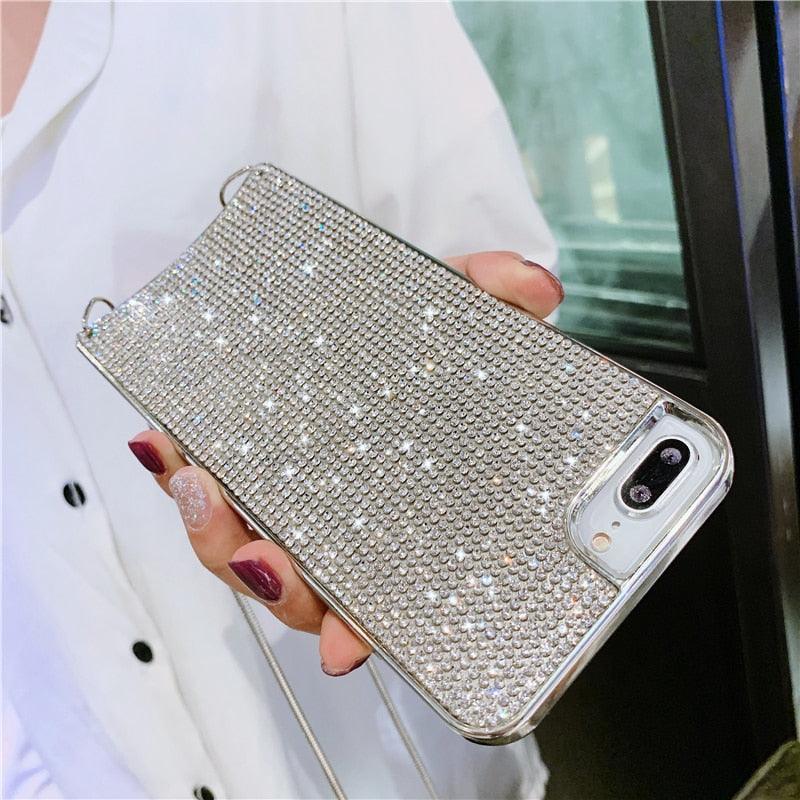 Chain Fashion Bling Full Diamond Case for iPhone 14 Plus 13 12 11 Pro Max XR Xs 7 8 Plus XS Soft Rhinestone Cover Bag Bling Rhinestone Bead Chain Bracelet Diamond Crystal Glitter Clear Fashion Protective Shockproof Cover for Girls