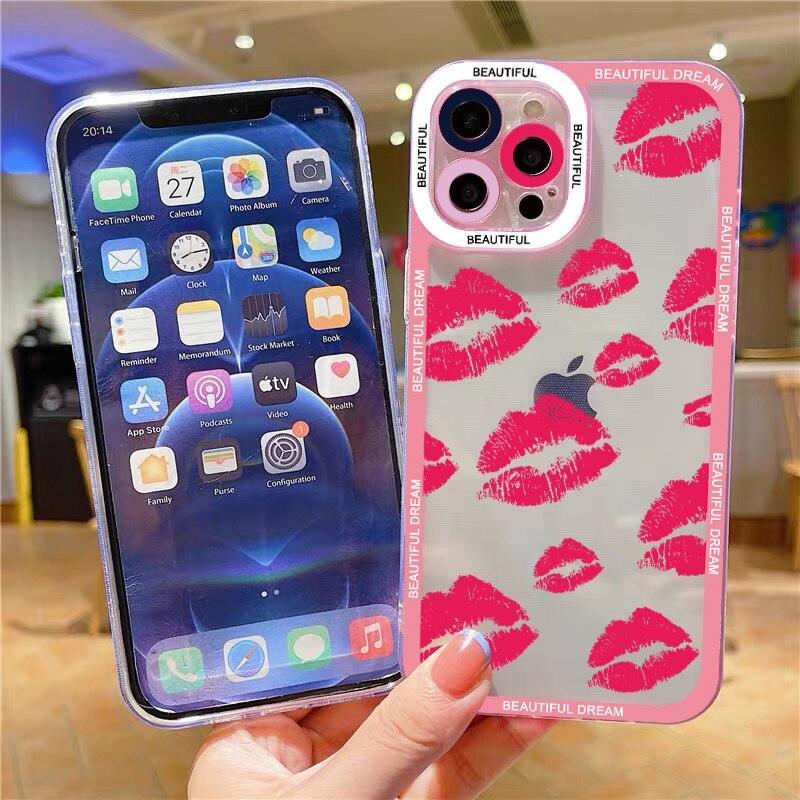 Charming Girl Lips Red Kisses Back Phone Cover Case for iphone 7 8 Plus 11 12 13 14 Pro Max X XS XR Soft Red Lips with Built-in Bumper Shockproof Protective Phone Cover for iPhone