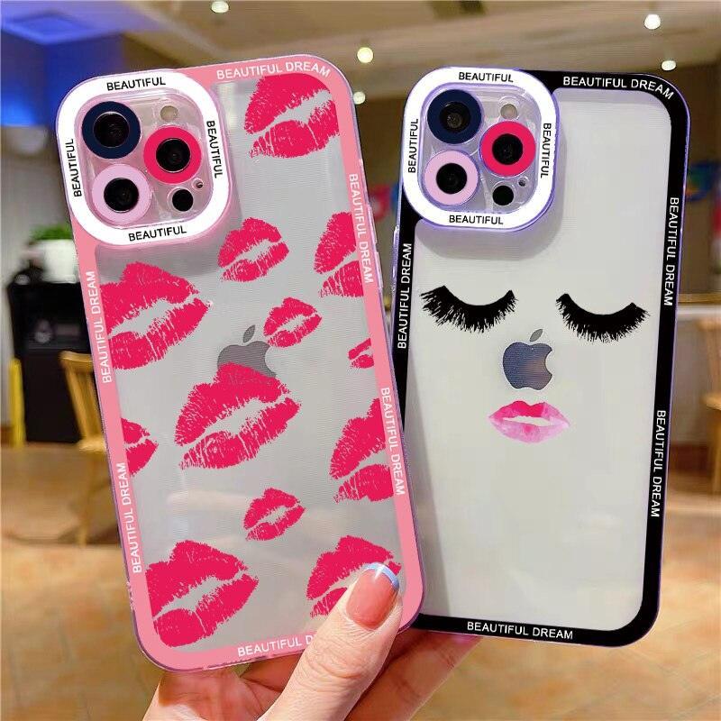 Charming Girl Lips Red Kisses Back Phone Cover Case for iphone 7 8 Plus 11 12 13 14 Pro Max X XS XR Soft Red Lips with Built-in Bumper Shockproof Protective Phone Cover for iPhone