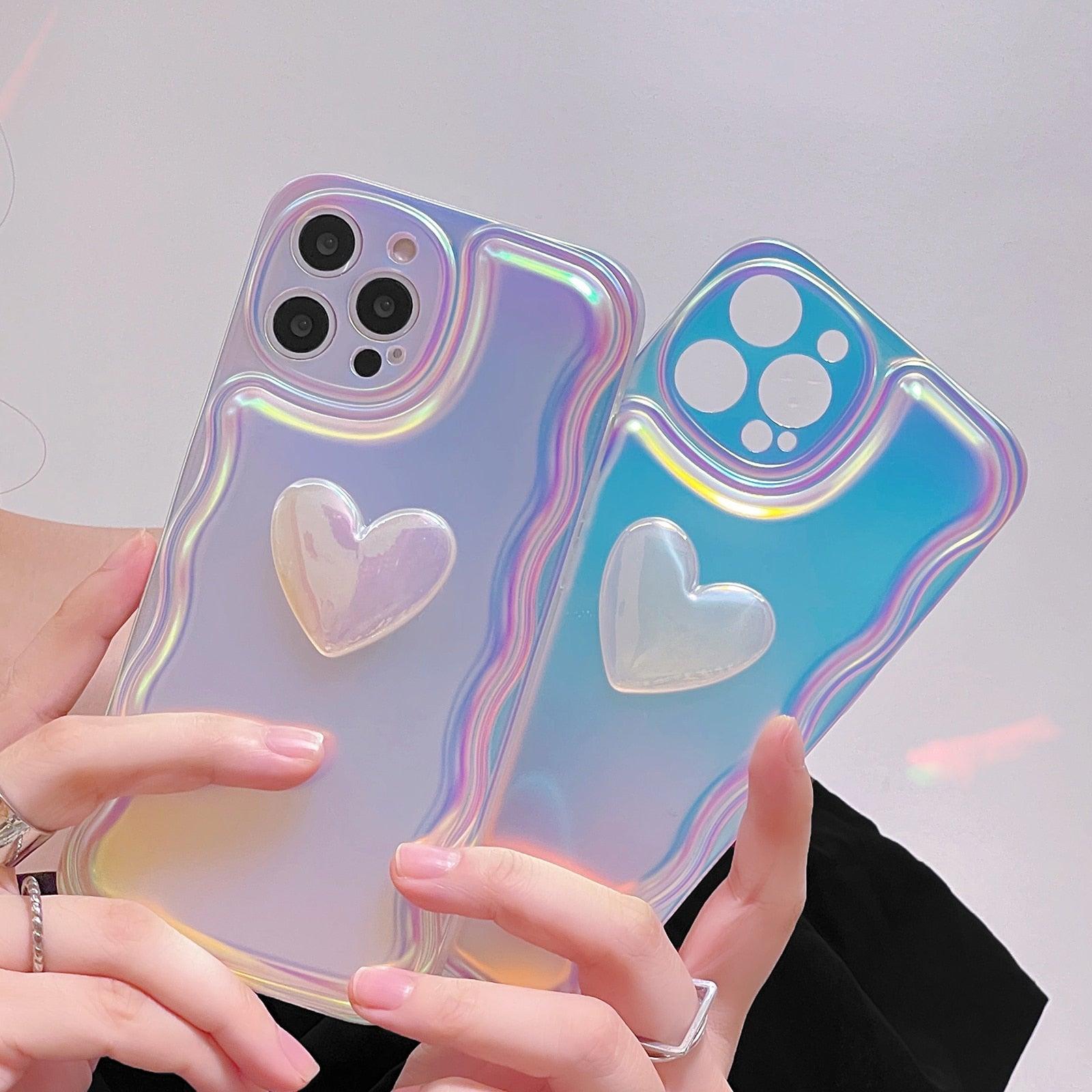 Charming Heart Wavy Case For iPhone 11 12 13 14 Pro Max XS Max XR X Holographic Rainbow Soft Air Cushion Shockproof Cover Reflection Purple Pink Case for iPhone Gradient Back Cover