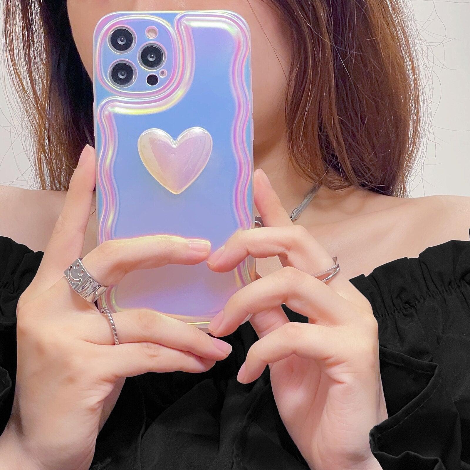 Charming Heart Wavy Case For iPhone 11 12 13 14 Pro Max XS Max XR X Holographic Rainbow Soft Air Cushion Shockproof Cover Reflection Purple Pink Case for iPhone Gradient Back Cover