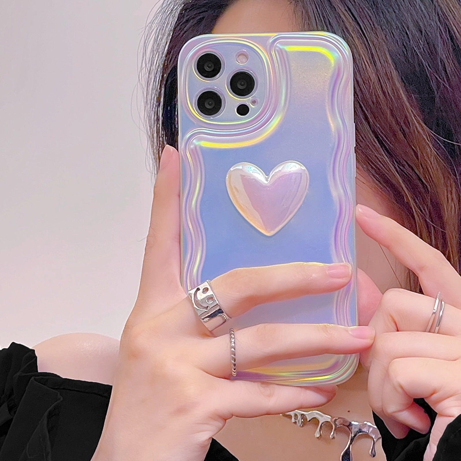 Charming Heart Wavy Case For iPhone 11 12 13 14 Pro Max XS Max XR X Holographic Rainbow Soft Air Cushion Shockproof Cover Reflection Purple Pink Case for iPhone Gradient Back Cover