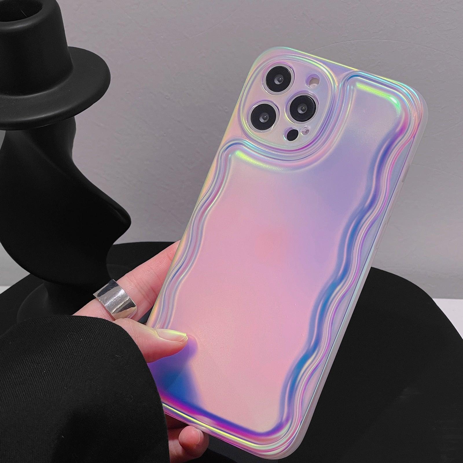 Charming Heart Wavy Case For iPhone 11 12 13 14 Pro Max XS Max XR X Holographic Rainbow Soft Air Cushion Shockproof Cover Reflection Purple Pink Case for iPhone Gradient Back Cover