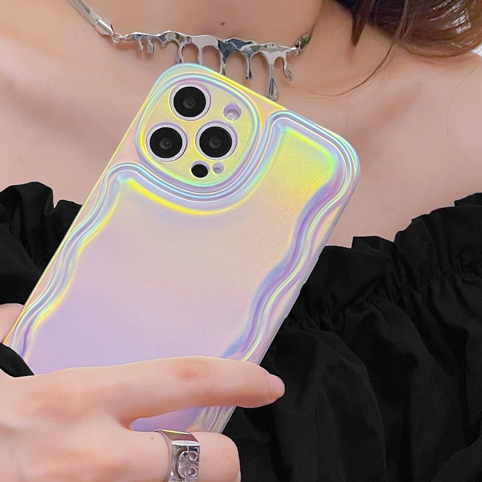 Charming Heart Wavy Case For iPhone 11 12 13 14 Pro Max XS Max XR X Holographic Rainbow Soft Air Cushion Shockproof Cover Reflection Purple Pink Case for iPhone Gradient Back Cover