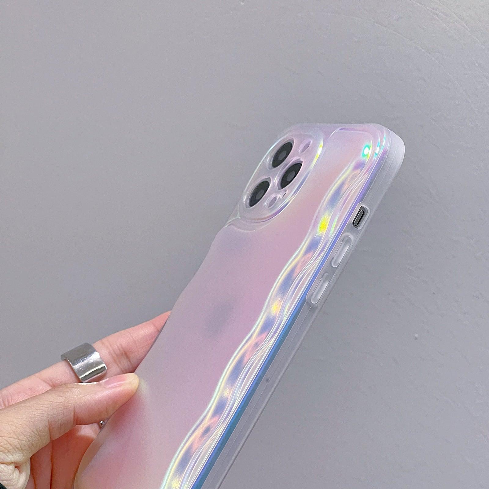 Charming Heart Wavy Case For iPhone 11 12 13 14 Pro Max XS Max XR X Holographic Rainbow Soft Air Cushion Shockproof Cover Reflection Purple Pink Case for iPhone Gradient Back Cover