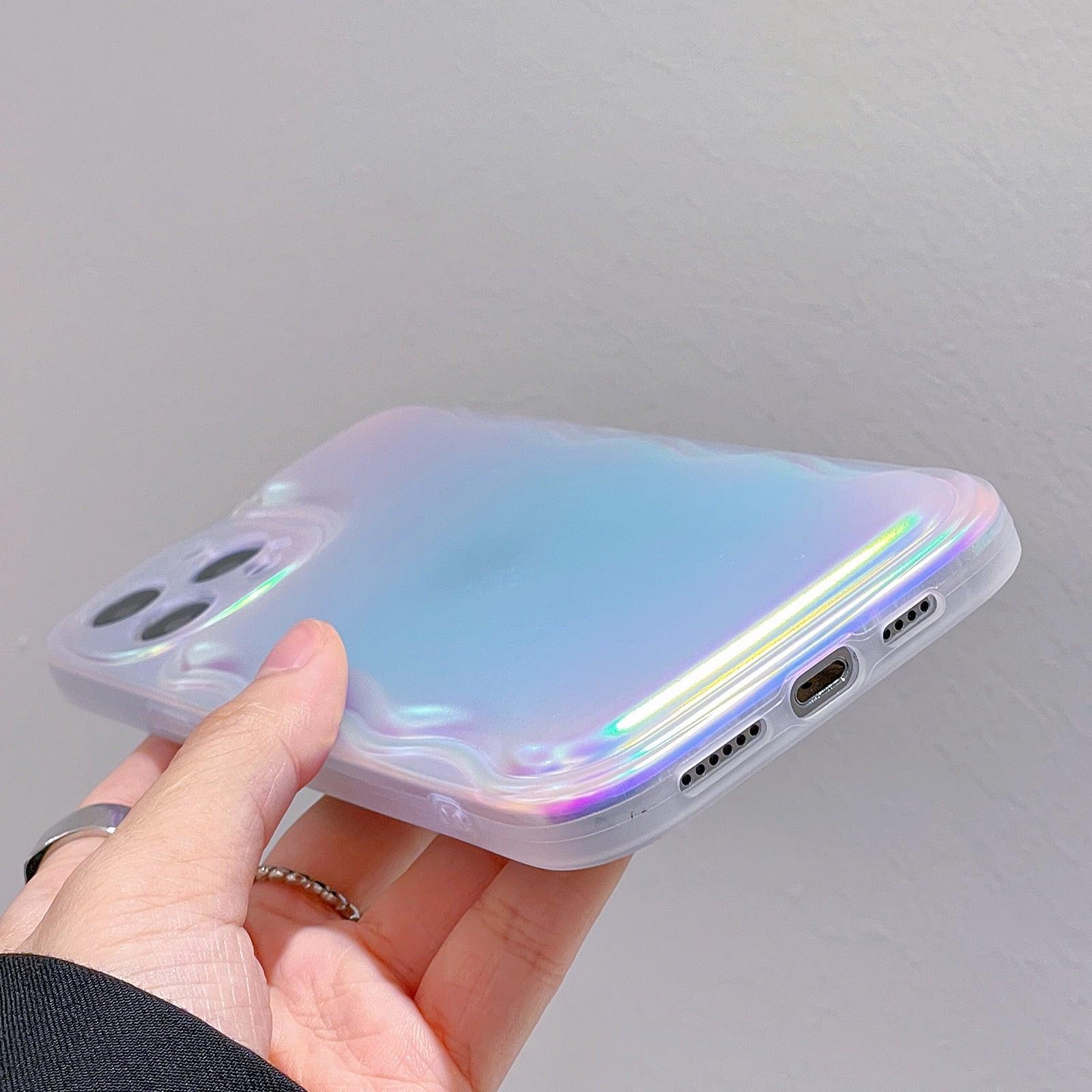 Charming Heart Wavy Case For iPhone 11 12 13 14 Pro Max XS Max XR X Holographic Rainbow Soft Air Cushion Shockproof Cover Reflection Purple Pink Case for iPhone Gradient Back Cover