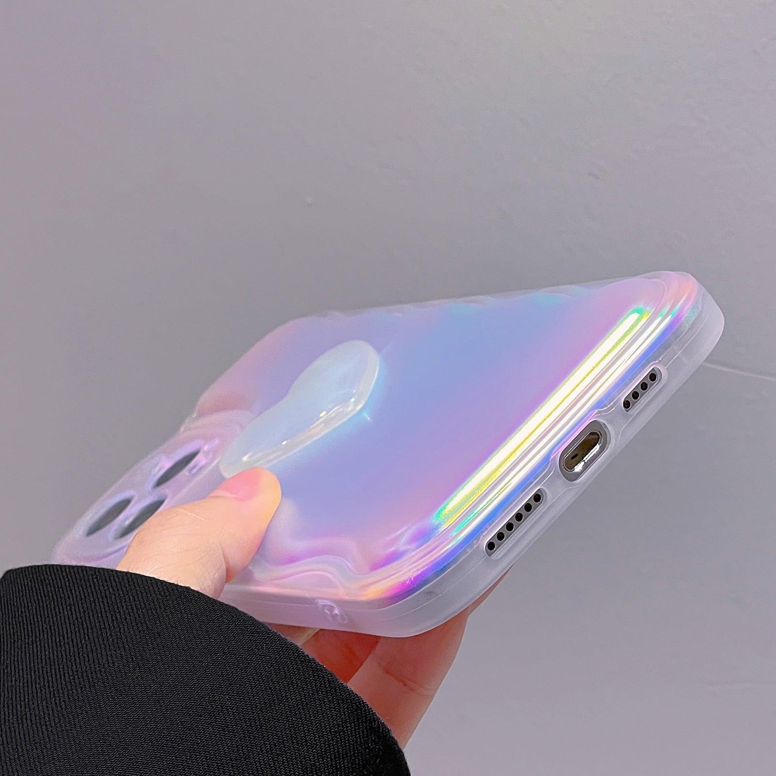 Charming Heart Wavy Case For iPhone 11 12 13 14 Pro Max XS Max XR X Holographic Rainbow Soft Air Cushion Shockproof Cover Reflection Purple Pink Case for iPhone Gradient Back Cover