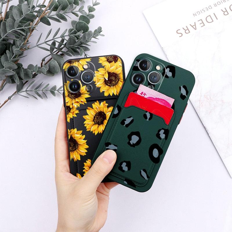 Charming Silicone Soft Anti-Scratch Cases For iPhone 13 Pro Max Case Silicone Wallet Card Holder Cover For iPhone 13 Mini 13ProMax 13Pro Flower Butterfly Beautiful Design Card Holder iPhone Case