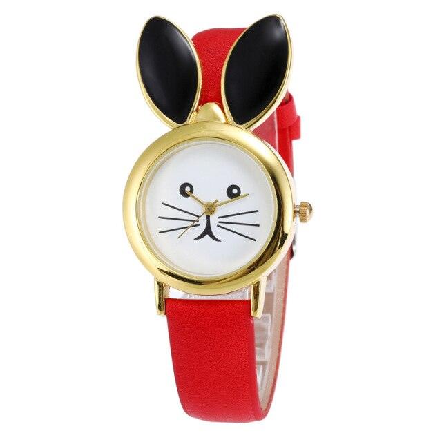 Children Cute Rabbit Leather Strap Casual Wrist Watches Fashion Big Rhinestone Dial Student Quartz Watch Simple Leather Quartz Watches Ultra-Thin Analog Watches For Girls Student