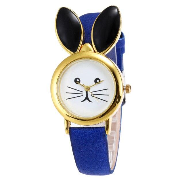 Children Cute Rabbit Leather Strap Casual Wrist Watches Fashion Big Rhinestone Dial Student Quartz Watch Simple Leather Quartz Watches Ultra-Thin Analog Watches For Girls Student