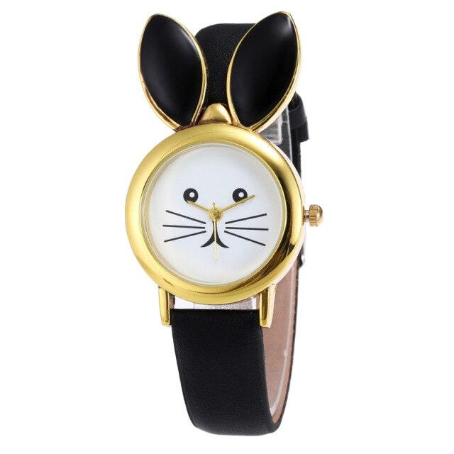 Children Cute Rabbit Leather Strap Casual Wrist Watches Fashion Big Rhinestone Dial Student Quartz Watch Simple Leather Quartz Watches Ultra-Thin Analog Watches For Girls Student