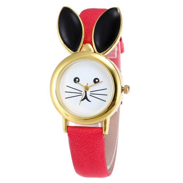 Children Cute Rabbit Leather Strap Casual Wrist Watches Fashion Big Rhinestone Dial Student Quartz Watch Simple Leather Quartz Watches Ultra-Thin Analog Watches For Girls Student