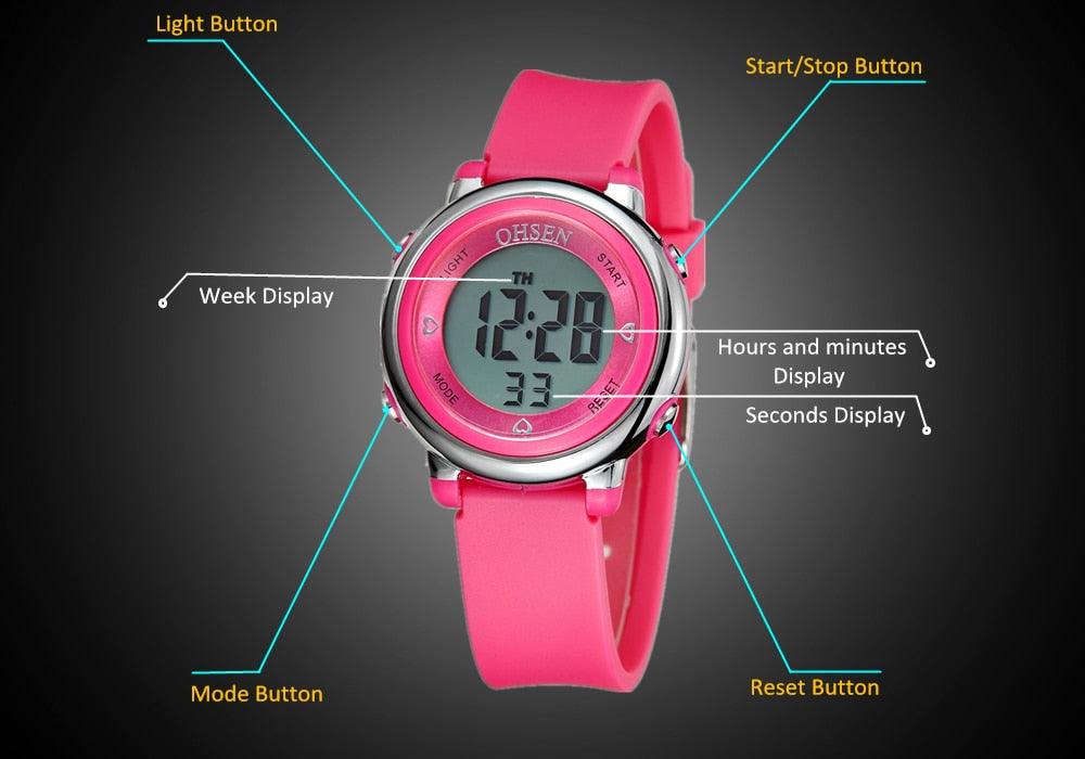 Children Digital LED Fashion Sport Watch Cute Wrist Watch Waterproof Kids Watch Sport Multi Function 50M Waterproof LED Alarm Stopwatch Digital Child Wristwatch For Boy Girl