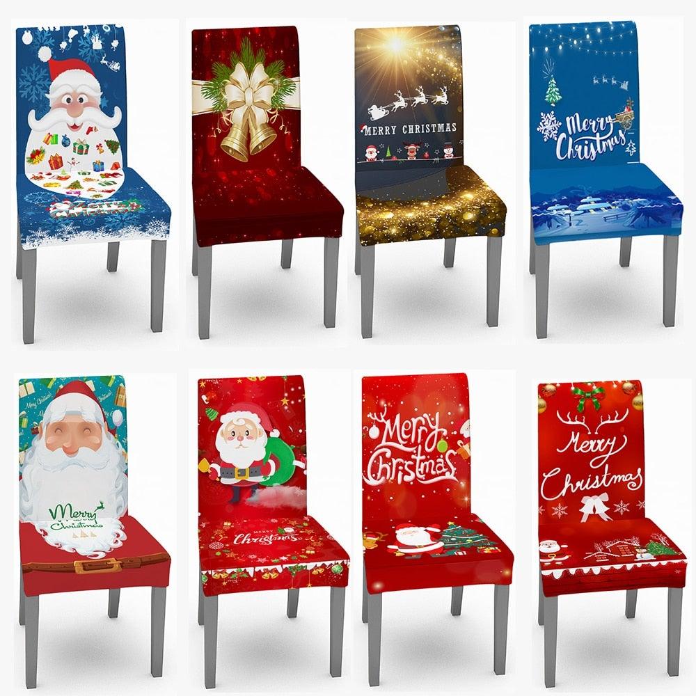 Christmas Chair Covers Santa Printed Elastic Stretch Dining Room Chair Slipcover Kitchen Seat Cover Spandex Home Decor chair Stretch Removable Washable Dining Room Chair Protector Slipcovers Christmas Decoration/Home Decor Dining Room Seat Cover