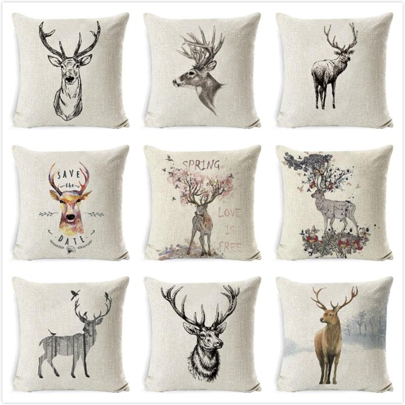 Christmas Deer Cushion Cover Soft Plush Pillow Deer Throw Pillow Covers Decorative Animal Pillowcase Cotton Linen Cushion Cover For Couch Bed Home Office Throw Pillow Cover Christmas Pillow Case 45x45CM