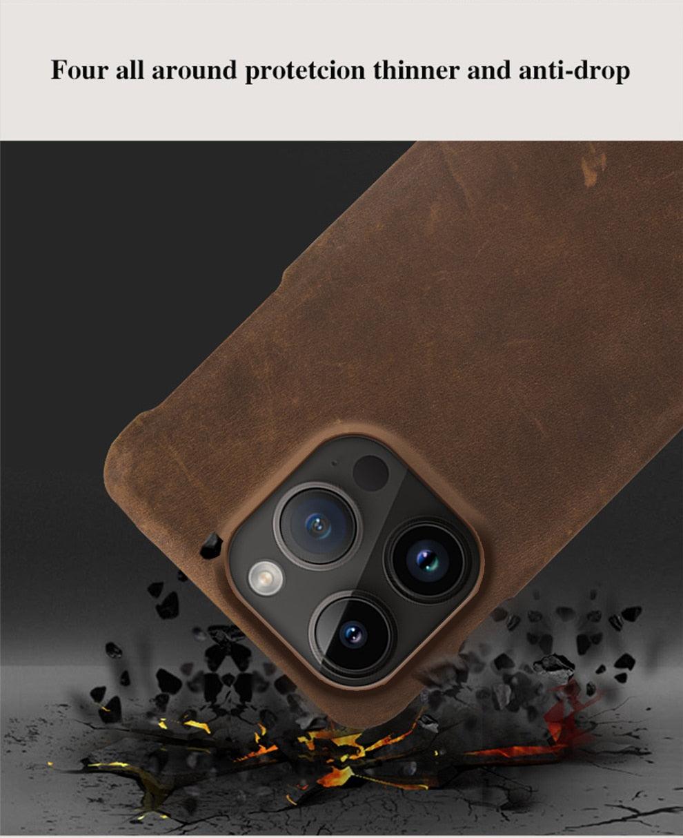 Classic Brown Genuine Leather Phone Case for iPhone 13 14 Pro Max 12 Mini 11 12 Pro Max Leather Cover Bumper Phone Case Compatible With iPhone Genuine Leather Slim Back Cover