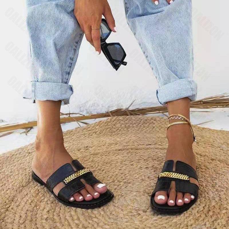 Classic Design New Women Flat Flip Flops Double Chain Sandal Slippers Shoes Women Flats Slippers Flat Sandals Elegant Strappy Flip Flops Casual Comfortable Beach Shoes