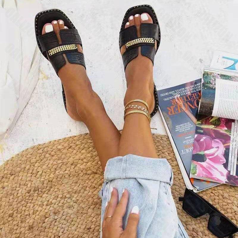 Classic Design New Women Flat Flip Flops Double Chain Sandal Slippers Shoes Women Flats Slippers Flat Sandals Elegant Strappy Flip Flops Casual Comfortable Beach Shoes