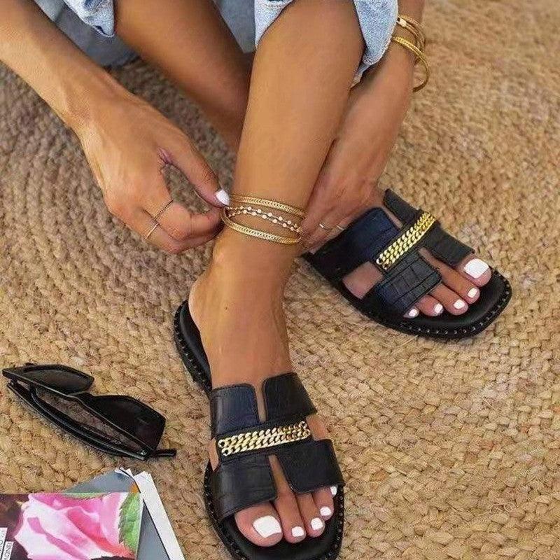 Classic Design New Women Flat Flip Flops Double Chain Sandal Slippers Shoes Women Flats Slippers Flat Sandals Elegant Strappy Flip Flops Casual Comfortable Beach Shoes