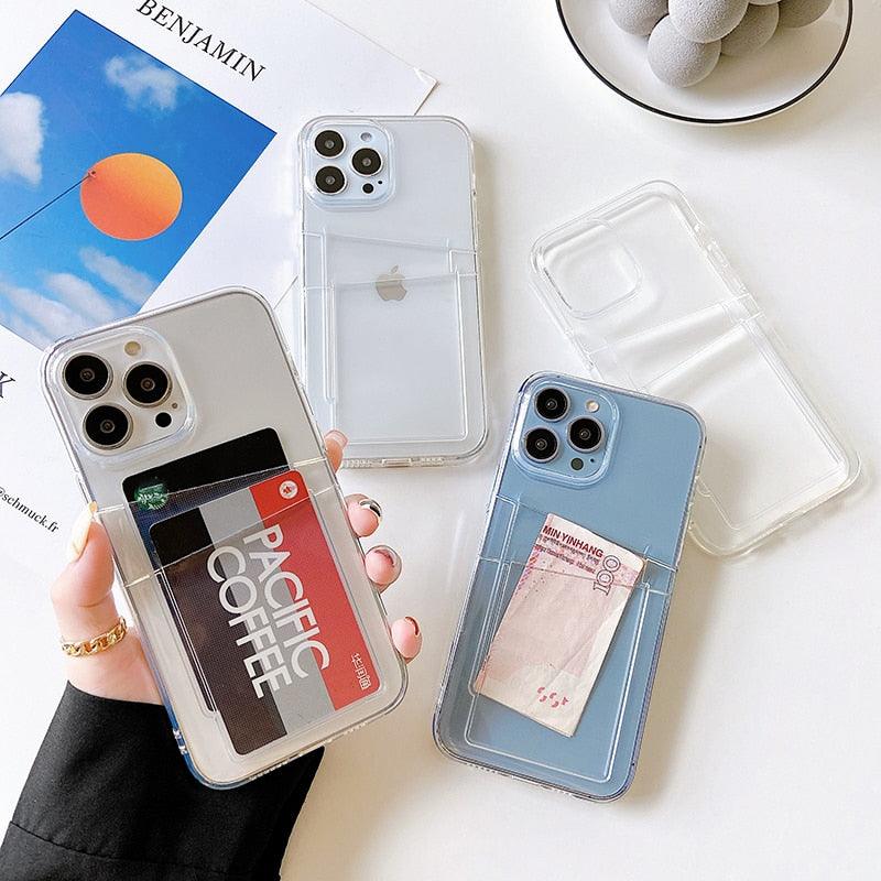 Clear Dual Card Slots Transparent Phone Case For iPhone 14 13 12 11 Pro Max XS Max XR X Full Body Shockproof Soft Silicone Back Cover