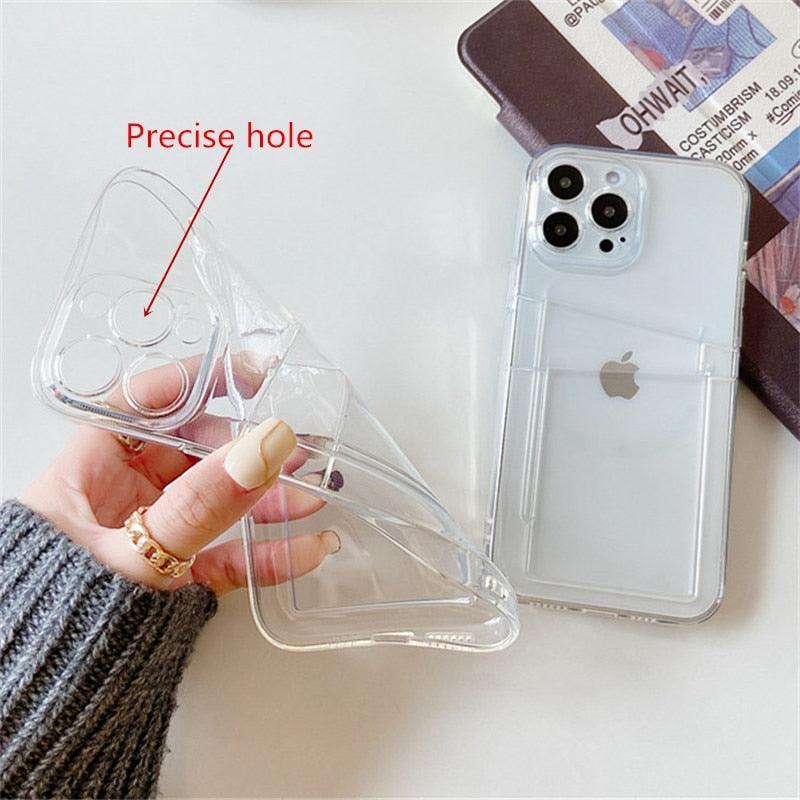 Clear Dual Card Slots Transparent Phone Case For iPhone 14 13 12 11 Pro Max XS Max XR X Full Body Shockproof Soft Silicone Back Cover