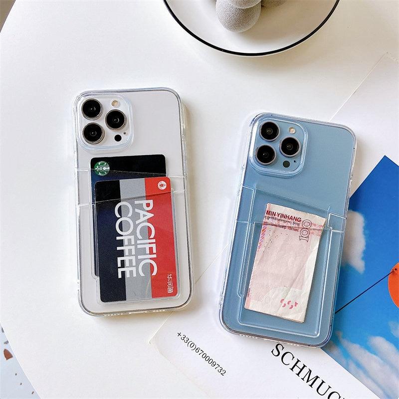 Clear Dual Card Slots Transparent Phone Case For iPhone 14 13 12 11 Pro Max XS Max XR X Full Body Shockproof Soft Silicone Back Cover