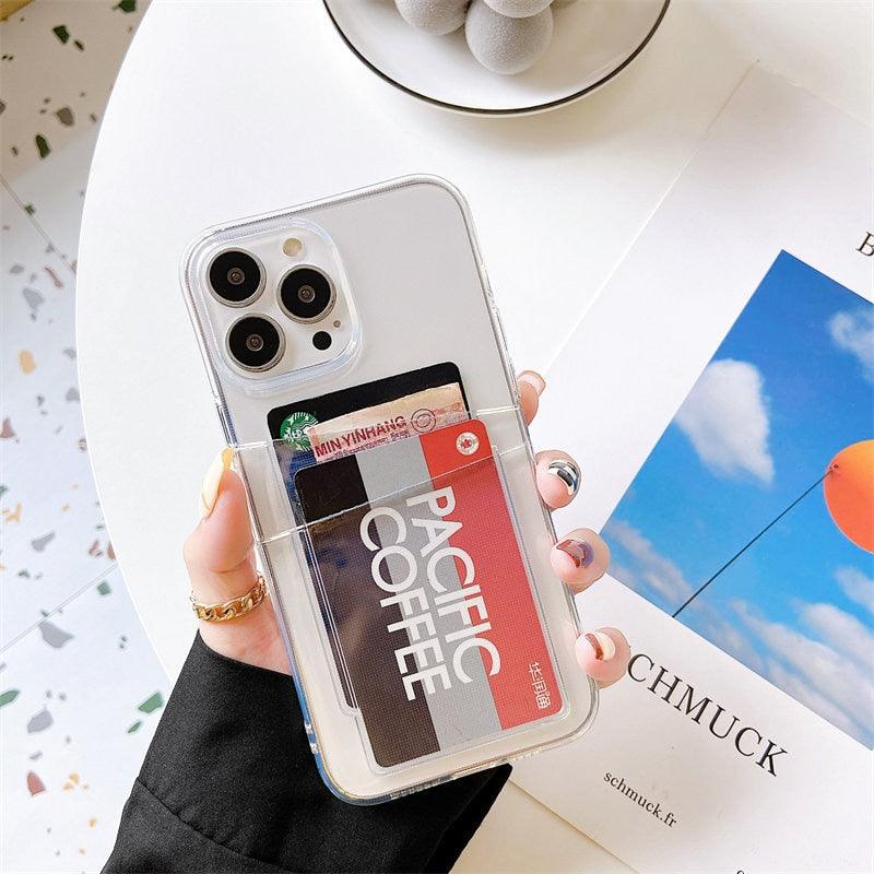 Clear Dual Card Slots Transparent Phone Case For iPhone 14 13 12 11 Pro Max XS Max XR X Full Body Shockproof Soft Silicone Back Cover