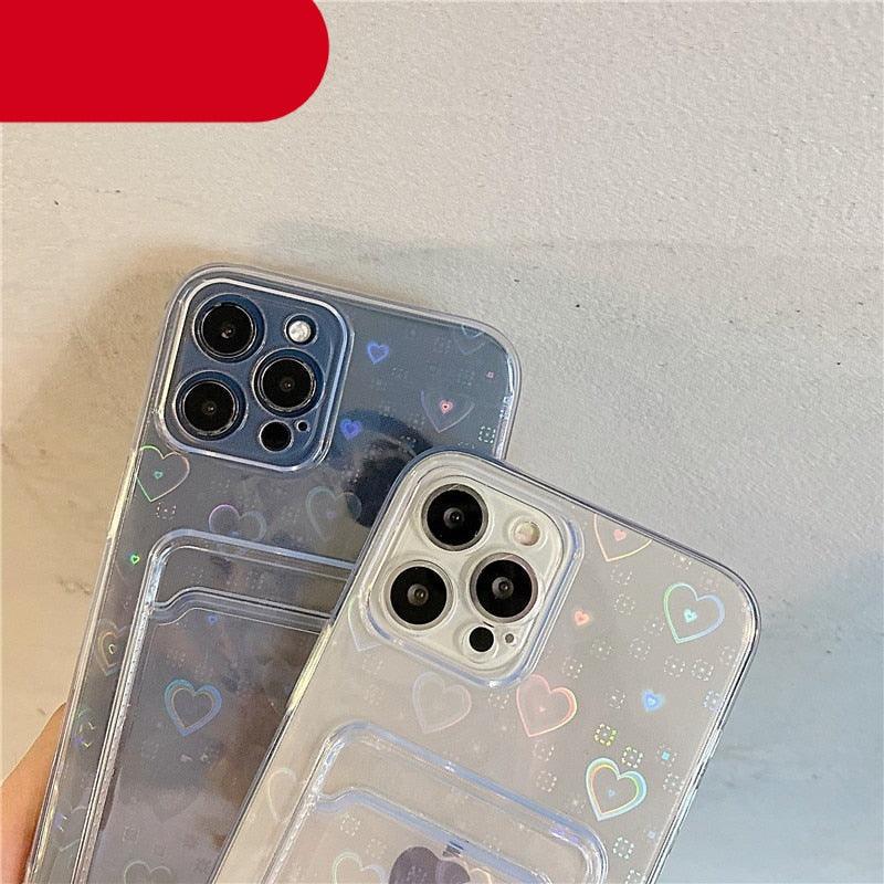 Clear Holographic Love Heart Pattern Cute Case with Card Holder Love Gradient Transparent Soft Case For iPhone 14 13 11 12 Pro Max Mini  X XS XR 7 8 Plus Wallet Card Holder Cover