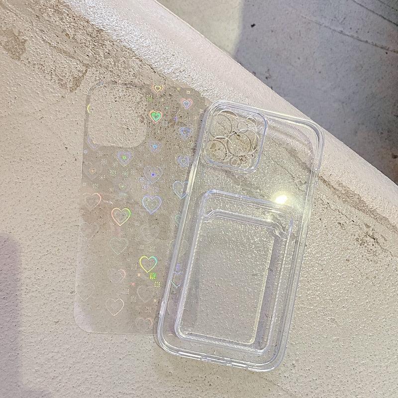 Clear Holographic Love Heart Pattern Cute Case with Card Holder Love Gradient Transparent Soft Case For iPhone 14 13 11 12 Pro Max Mini  X XS XR 7 8 Plus Wallet Card Holder Cover