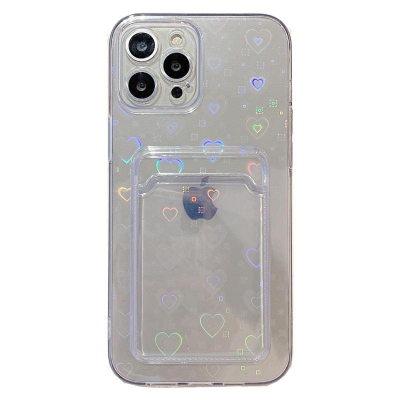 Clear Holographic Love Heart Pattern Cute Case with Card Holder Love Gradient Transparent Soft Case For iPhone 14 13 11 12 Pro Max Mini  X XS XR 7 8 Plus Wallet Card Holder Cover