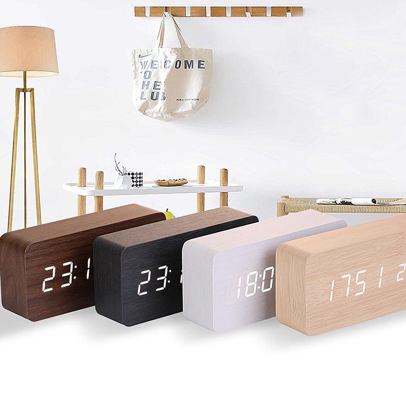 Clocks LED Wooden Alarm Clock Watch Wooden Wood Clock New Version LED Alarm Digital Desk Clock Adjustable Brightness, Alarm Time, Displays Time Date Temperature  Table Voice Control Digital Wood Electronic Desktop Table