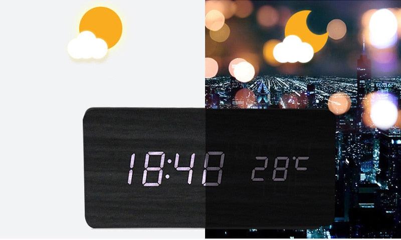 Clocks LED Wooden Alarm Clock Watch Wooden Wood Clock New Version LED Alarm Digital Desk Clock Adjustable Brightness, Alarm Time, Displays Time Date Temperature  Table Voice Control Digital Wood Electronic Desktop Table