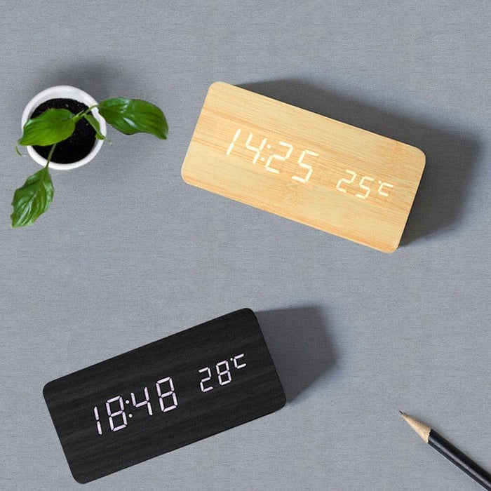 Clocks LED Wooden Alarm Clock Watch Wooden Wood Clock New Version LED Alarm Digital Desk Clock Adjustable Brightness, Alarm Time, Displays Time Date Temperature  Table Voice Control Digital Wood Electronic Desktop Table