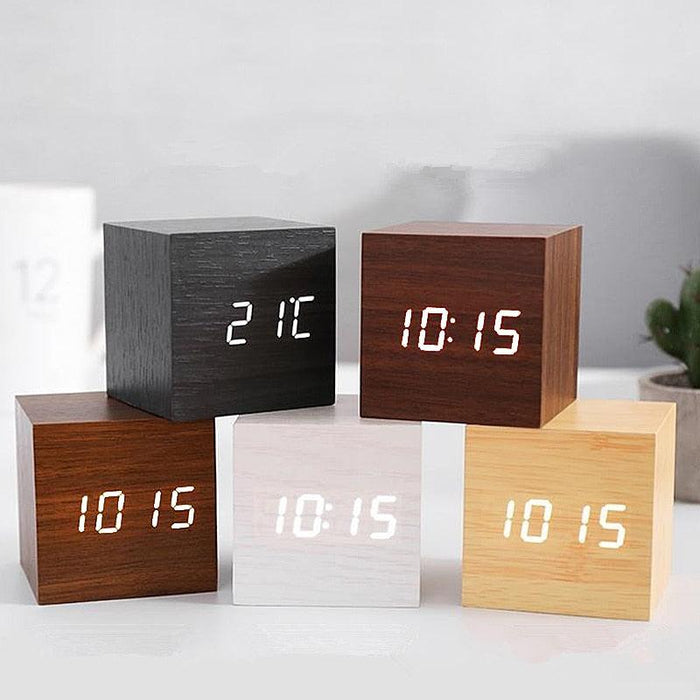 Clocks LED Wooden Alarm Clock Watch Wooden Wood Clock New Version LED Alarm Digital Desk Clock Adjustable Brightness, Alarm Time, Displays Time Date Temperature  Table Voice Control Digital Wood Electronic Desktop Table