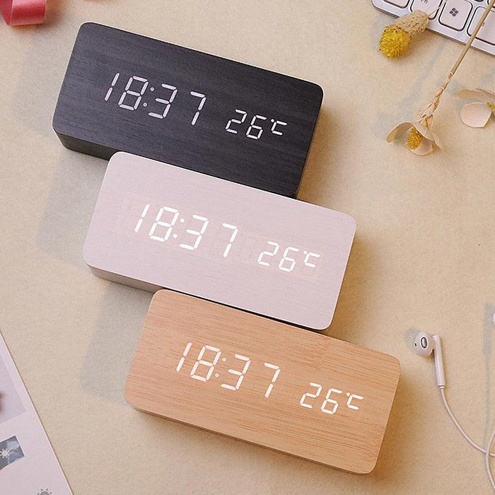 Clocks LED Wooden Alarm Clock Watch Wooden Wood Clock New Version LED Alarm Digital Desk Clock Adjustable Brightness, Alarm Time, Displays Time Date Temperature  Table Voice Control Digital Wood Electronic Desktop Table