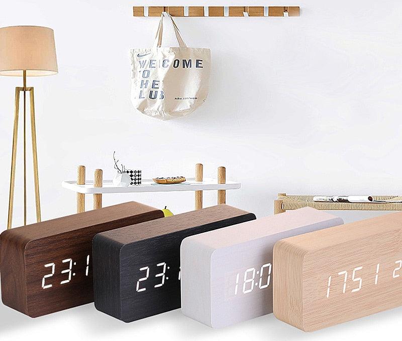 Clocks LED Wooden Alarm Clock Watch Wooden Wood Clock New Version LED Alarm Digital Desk Clock Adjustable Brightness, Alarm Time, Displays Time Date Temperature  Table Voice Control Digital Wood Electronic Desktop Table