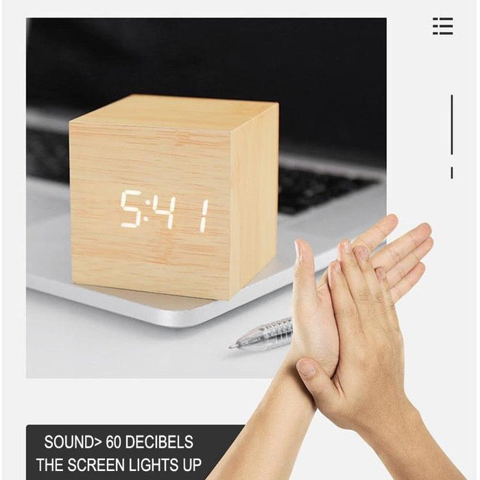 Clocks LED Wooden Alarm Clock Watch Wooden Wood Clock New Version LED Alarm Digital Desk Clock Adjustable Brightness, Alarm Time, Displays Time Date Temperature  Table Voice Control Digital Wood Electronic Desktop Table