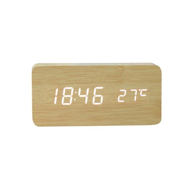 Clocks LED Wooden Alarm Clock Watch Wooden Wood Clock New Version LED Alarm Digital Desk Clock Adjustable Brightness, Alarm Time, Displays Time Date Temperature  Table Voice Control Digital Wood Electronic Desktop Table